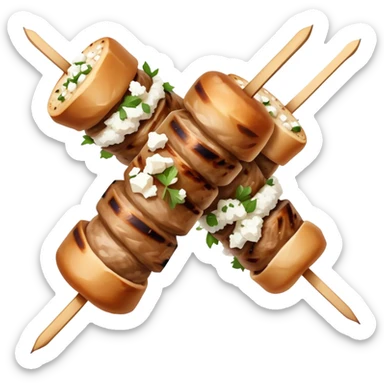 Souvlaki Cinematic Realistic Souvlaki Dish Emoji, depicted as skewered, grilled meat served with a side of crumbled feta cheese, rendered with rich textures and dynamic, appetizing lighting. sticker
