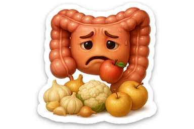 EMOJI STILE IPHONE DI UN INTESTINO UMANO IN CRISI PERCHé STA MALE, IN BOCCA HA UNA MELA E DAVANTI A LUI C'è UNA MONTAGNA DI aglio, cipolle, cavolfiore e mele, IPERREALISTICO 4K sticker