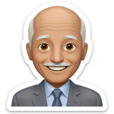 70 yr old man, almost bald, some white hair, pakistani, light grey business suit, big smile, dark skin, no facial hair
 sticker