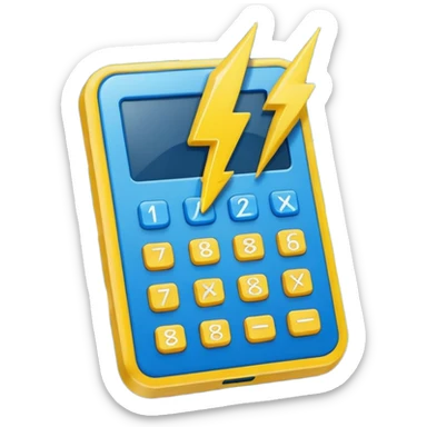 Create a simple emoji of an energy calculator: small calculator + lightning bolt icon. Flat design, bold outline, blue and yellow colors, clean, centered, emoji style. sticker