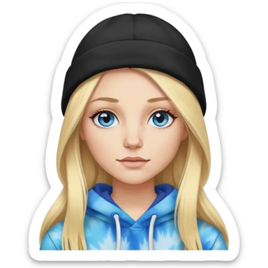 White woman with long blonde straight hair and blue eyes with long eyelashes and tiedye hoodie. i would like for her to be wearing a black beanie with dueces on it sticker
