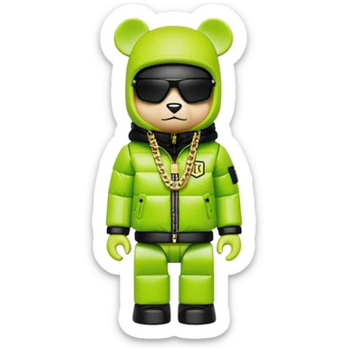 ultra-detailed bearbrick figure with perfect cube head and geometric body, wearing premium lime green balaclava with sleek integrated black visor lens at eyes, luxury oversized designer puffer jacket with prominent logo and lavish fur trim collar, heavy gold chains, streetwear icon sticker
