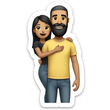 Indian Beard guy with bald head in a tshirt and jeans right hand hugging girl with black hair and wearing adress sticker