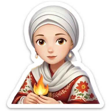 A woman dressed in a beautiful floral traditional outfit with a delicate white headscarf sits by a fire at night. The warm glow of the flames highlights her radiant features, giving the scene a soft, serene, and intimate feel. sticker