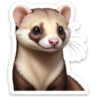 Cinematic Noble sable ferret Portrait Emoji, Poised and dignified, with a sleek, elongated body and a distinct sable ferret head featuring a pointed snout, small, rounded ears, and intelligent, beady eyes, covered in soft, sleek fur with natural brown and cream hues, Simplified yet sharp and sophisticated features, highly detailed, glowing with a warm, natural glow, high shine, exuding an air of quiet confidence, focused and watchful, soft glowing outline, capturing the essence of a clever and majestic sable ferret that feels as though it could leap from the screen with effortless grace! sticker