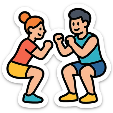 gym buddies doing squats together, modern and easy to understand icon style sticker