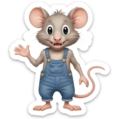 disheveled dizzy cartoon hillbilly rat wearing overalls no shirt. standing and talking full body. human eyes. teeth showing talking. walking talking moving arms sticker