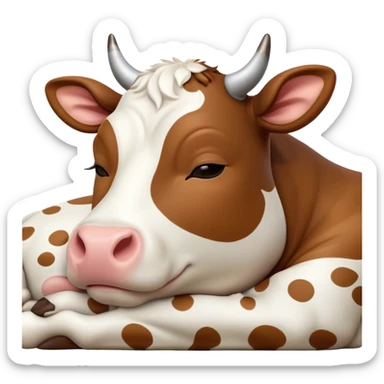 Meme-Worthy Cute Sleeping Brown and White Cow Portrait Emoji, Head resting peacefully with a contented smile, showcasing a robust build and a luxuriously soft patterned hide of brown and white, eyes shut in a serene, restful nap, Simplified yet hilariously adorable features, highly detailed, glowing with a soft, drowsy light, high shine, relaxed and utterly lovable, stylized with an air of playful laziness, bright and heartwarming, soft glowing outline, capturing the essence of a comically sleepy cow, so meme-worthy it feels like it could instantly become the next viral sensation of adorable slumber! sticker