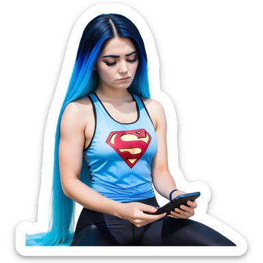 Shameful disappointed crying-very very very very big chest-texting on a samsung cell phone-very long straight flowing black to sky blue hair ombre-blue eyes-black eyeliner-long eyelashes-plastic sparkling sky blue very low cut tank top with sparkling superman logo-black leggings-nike sneakers sticker