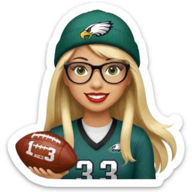 full length women wearing eagles uniform, long straight blonde hair, bangs, green eyes, black rectangle glasses, holding football, number 33, smiling, lipstick, eagles beanie sticker