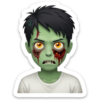 Rosto de frente classico de zombie boca meio torta cabelos medios grandes pretos bagunçados low fade com pele verde clara camiseta branca sem nenhum sangue no rosto e com cabelo bem adolescente e bagunçado sticker