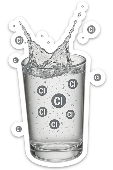 un bicchiere di acqua cade verticalmente dall'alto realistico e dettagliato, dentro l'acqua del bicchiere ci sono particelle di cloro ben visibili con la scritta "Cl" sopra, ci sono particelle anche che escono dal bicchiere e fluttuano in aria verticalmente, mentre alcune sono all'interno dell'acqua nel bicchiere, iperrealistico 4k sticker