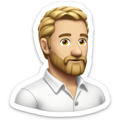 middle aged english man, short slicked back hair dark blonde, dark blonde medium length size full beard, wearing only a plain white smart shirt unbuttoned. sticker