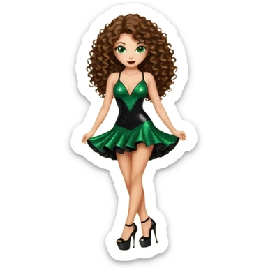 green eyes brown long curly hair woman, cartel boss with 7 inch platform stripper high heels black glitter dress, Los Angeles Spanish style black outfit sticker
