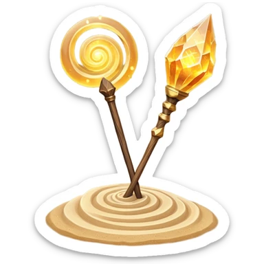 desert sand mage staff object icon, ancient wooden staff, swirling sand crystal on top, glowing golden aura, small floating sand particles, fantasy desert style, 3D cartoon, mobile game icon style, centered, clean background, soft shadow, no text, no watermark
 sticker