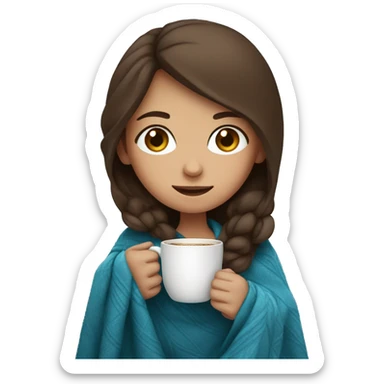 Brown hair Girl drinking coffee, with a blue cozy blanket sticker