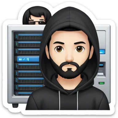 hackeur blanc cheveux noir barbe et capuche noir à côté d'un server ia sticker