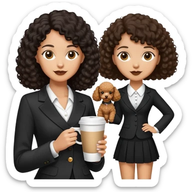 Black partial curly hair, V-neck suit,Holding a coffee-coloured poodle in a small skirt sticker