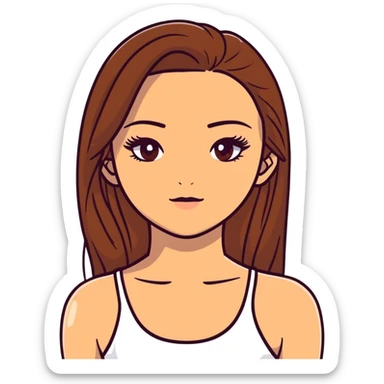 beautiful girl, long straight brown hair, brown eyes with lashes, wearing a white crop top, tan skin sticker