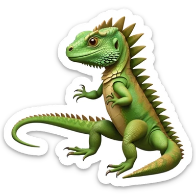 cinematic-iguana-realistic-full-body-basking-emoji,-long-scaly-body-stretched-out,-spiny-ridge-running-down-its-back,-textured-green-and-brown-skin-dappled-with-light,-sharp-intelligent-eyes-studying-the-surroundings sticker