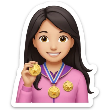 black haired girl wearing pastel pink with one medal, remove any hats, make her smile, make her hair longer, make her tan sticker
