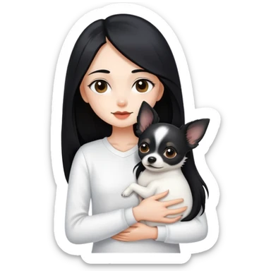 Fair skin girl - long black hair - white clothes - hugging a black chihuahua sticker
