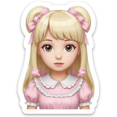 pale girl , who has straight hair medium length blonde and baby pink swirled hair with bangs , grey eyes , and doll like makeup , in a light pink lolita hime gyaru dress emoji | AI Emoji Generator sticker