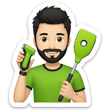 young fair-skinned man with messy black hair and beard, smiling, black t-shirt, holding a palm-sized lime green trimmer in one hand sticker