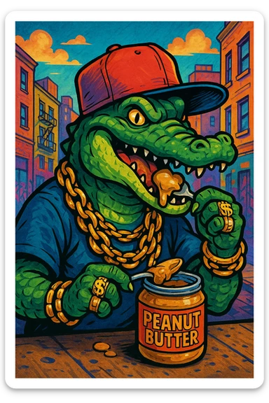 gangster alligator eating peanut butter, hip hop style, sideways cap, flashy jewelry sticker