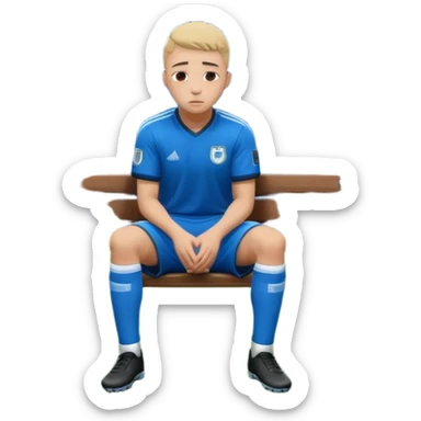 Lonely soccer player sitting on bench at night, head down, empty stadium, cold blue lighting, cinematic, emotional, realistic sticker