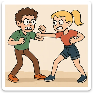 Fighting a boy brown Curly hair circle glasses green Pro polo brown jeans orange shoes and a girl Yellow ponytail hair red shirt high waisted dark blue denim shorts blue shoes sticker