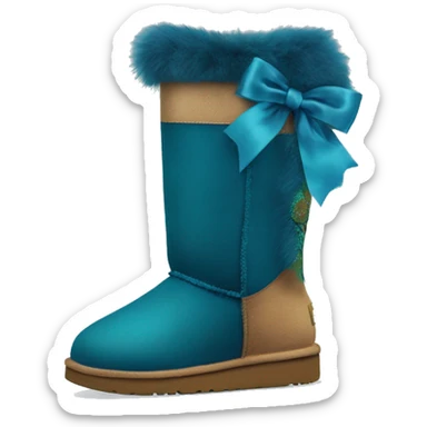 Tall Pair of peacock blue fur Ugg boots with silk ribbon bow. sticker