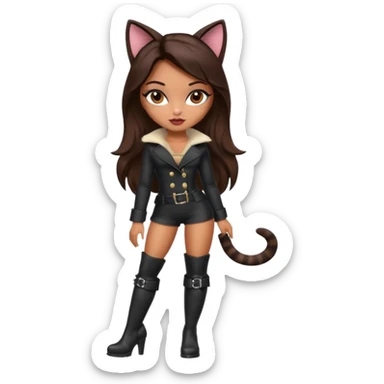 A sexy, super pretty bratz girl with caramel skin. Dark brown hair and brown eyes. She has freckles. Wearing sexy makeup. Dressed as a sexy cat with tall black boots on sticker