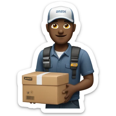 White male delivery driver carrying an Amazon box sticker