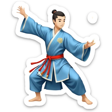 Emblem symbolizing Wushu martial arts. A graceful martial artist performs a dynamic kung fu pose, with flowing movements and a long, elegant robe. The background features stylized clouds and traditional Chinese symbols, representing fluidity, balance, and precision. Transparent background. sticker