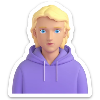 blonde man with blue eyes wearing a lilac hoodie sticker