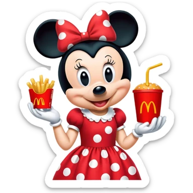 Minnie Mouse eating a McDonalds happy meal sticker