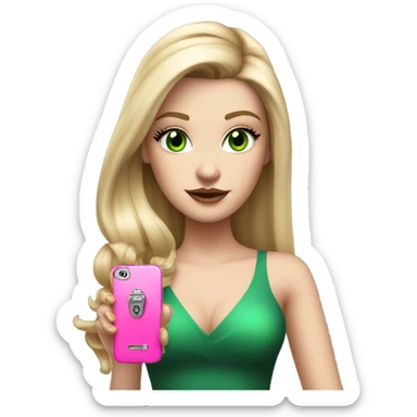 Realistic White girl with Long straight blonde hair, green eyes, tattoos, full body wearing dress and High heels, holding pink phone sticker