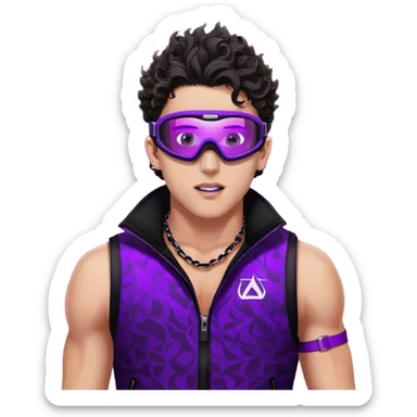 close-up of bad guy male athlete with white skin and moderately curly dark brown hair on top with shaved sides, wearing ski goggles with purple frames and very dark black lenses, a simple plain black chain necklace, and a completely unzipped sleeveless vest with purple and black sequin fire pattern design with no logo, pulling his tongue out very far in an exaggerated mocking gesture, looking menacing and villainous sticker