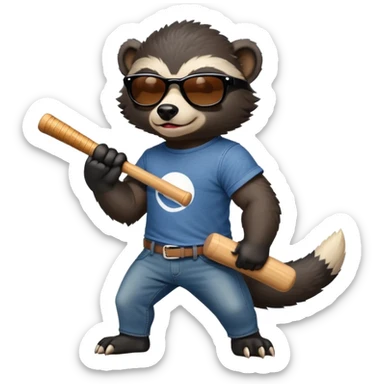 mischievous anthropomorphised honey badger in jeans and a t-shirt, wearing sunglasses, holding a baseball bat over shoulder sticker