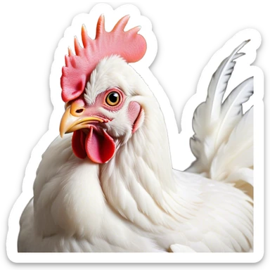 Cinematic Noble White Chicken Portrait Emoji, Poised and regal, with a compact, sturdy build and a pristine, well-groomed pure white plumage, deep-set soulful beady eyes, Simplified yet sharp and sophisticated features, highly detailed, glowing with a soft, dignified glow, high shine, intelligent and alert, stylized with an air of barnyard elegance, focused and attentive, soft glowing outline, capturing the essence of a watchful and confident fowl, so majestic it feels as though it could strut out of the screen with effortless authority! sticker
