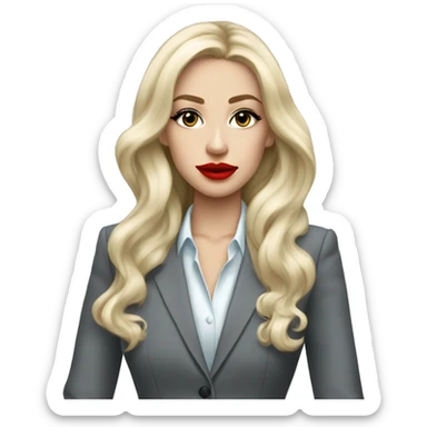 Russian Blonde long hair with big red lips small nose and black eyes Tiffany diamond seller in a grey suit sticker