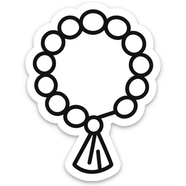Ultra minimal prayer beads with just a few simple round beads and a tiny tassel, no extra details, plain background, hand drawn icon style with no fill. sticker