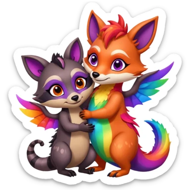 black female raccoon dragon hybrid with rainbow colored wings and purple eyes giving a big hug to a red female fox dragon hybrid with rainbow colored wings and orange eyes sticker