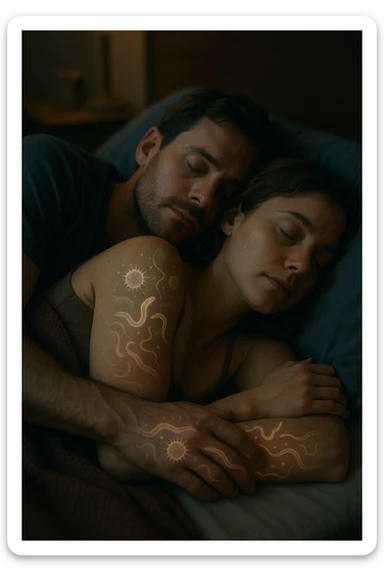 A hyper-realistic, cinematic image of a man and a woman sleeping together in the same bed under soft, dim night lighting, with their bodies close and touching. Their skin appears slightly illuminated where it touches, and under a subtle x-ray style overlay, faint ghostly silhouettes of microscopic parasites and worm-like organisms are visible crawling transdermally between their bodies, symbolizing silent, unnoticed parasite transmission during sleep. The environment is a cozy bedroom with warm tones, but the presence of the glowing parasites creates a slightly unsettling feeling, emphasizing the hidden danger. Their faces are calm, unaware, symbolizing the unconscious nature of the transmission. The image is detailed with a 35mm film hyperrealistic aesthetic, focusing sharply on the point of contact between their skin where the parasites pass, while the background remains softly blurred. The color palette uses muted warm browns and soft moonlight blues to maintain a nighttime, intimate feeling, contrasting with the translucent, glowing parasites to illustrate the hidden risk of transdermal parasite transmission while sharing a bed sticker