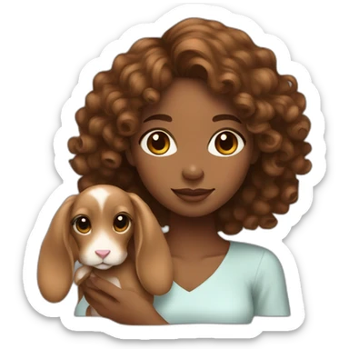 black woman long brown curly hair holding cute floppy eared light brown bunny sticker