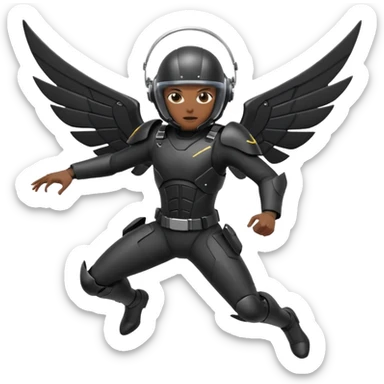 RAZORWING Look: Streamlined black suit with mechanical grappling wings folded behind Weapon: Sleek throwing knives strapped to chest and thighs Helmet: Visor with scanning HUD Vibe: Daring, sharp-eyed, fearless Stance: Leaping or gliding above the battlefield sticker