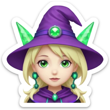 Make a blonde girl with green glowing headset on with teal eyes and a purple haired girl with green eyes waering a purple wit hes hat haveing fun , make them a chibi emoji page anime style sticker