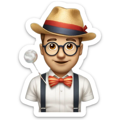 ugly big round frame glasses buckteeth week chin bowtie striped shirt suspenders holding a big lolipop with bad posture and a propeller hat portfolio manager sticker