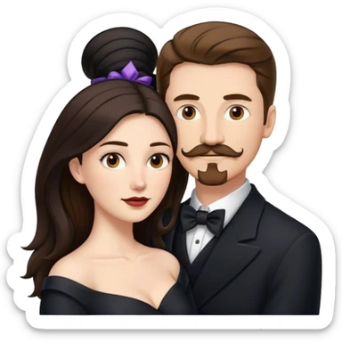 married couple portrait, tall white man with brown hair goatee mustache embracing a pale woman with long black hair, wearing formal clothing sticker